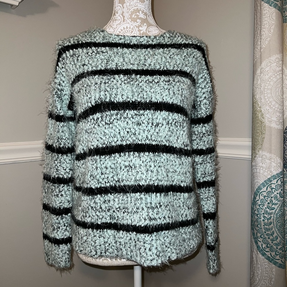 S Blue & black striped fuzzy sweater - Forever 21